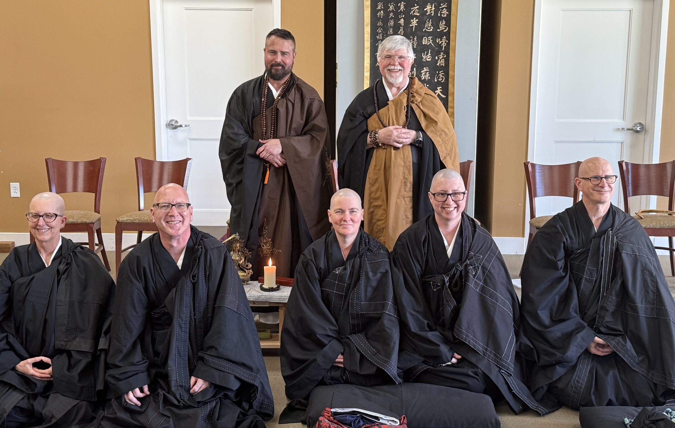 Seichō Sensei and Sangetsu Roshi, Oshō's, ordain 5 new priests.